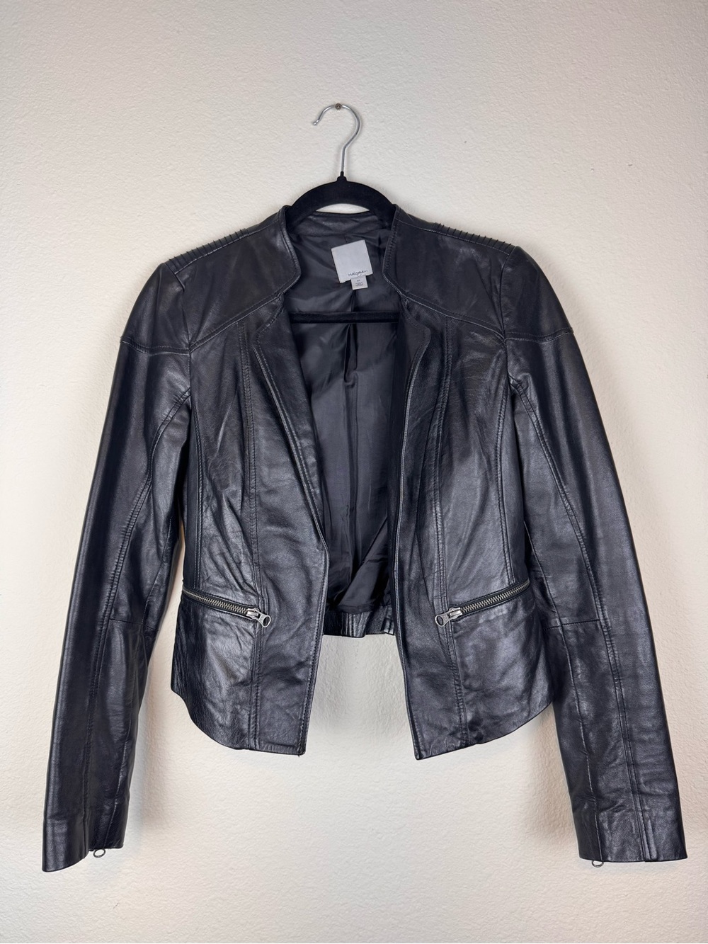 Halogen Womens XS Black Genuine Leather Moto Biker Jacket Quilted Zip Cropped